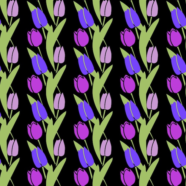 Seamless pattern tulips violet black color Botanical Floral Decoration Texture