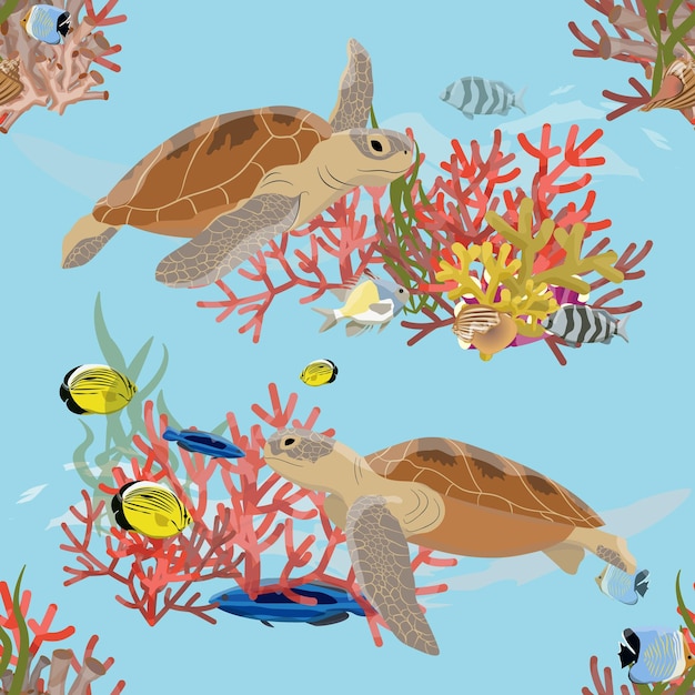 Seamless pattern. Two Green sea turtle swimming under water. Coral reef with coral, sea sponges