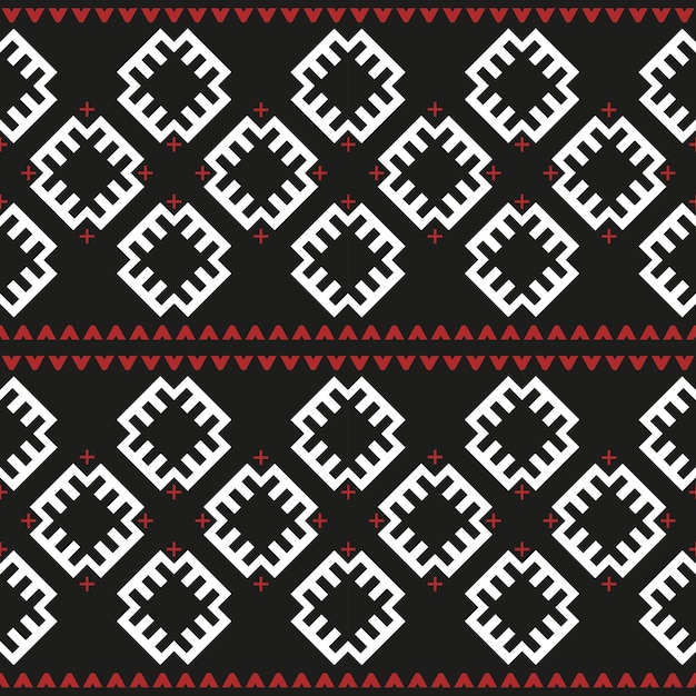 Seamless pattern Ukrainian ethnic ornament blackandred background symmetrical repeating pattern