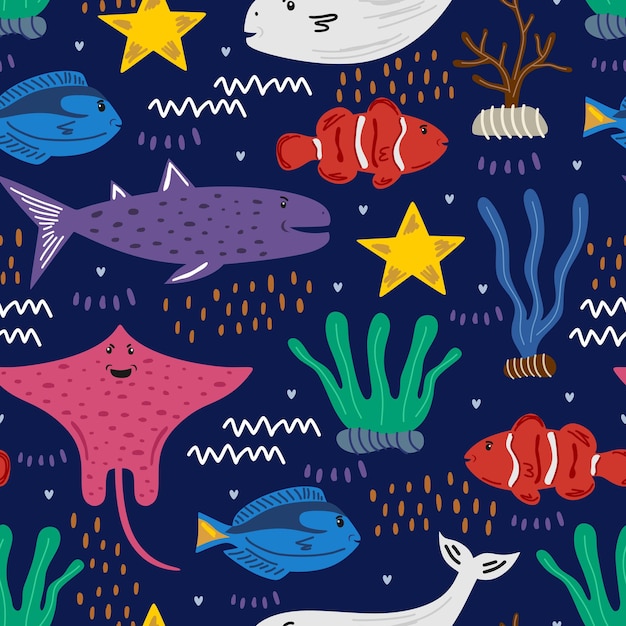 Seamless pattern of undersea animal on blue background