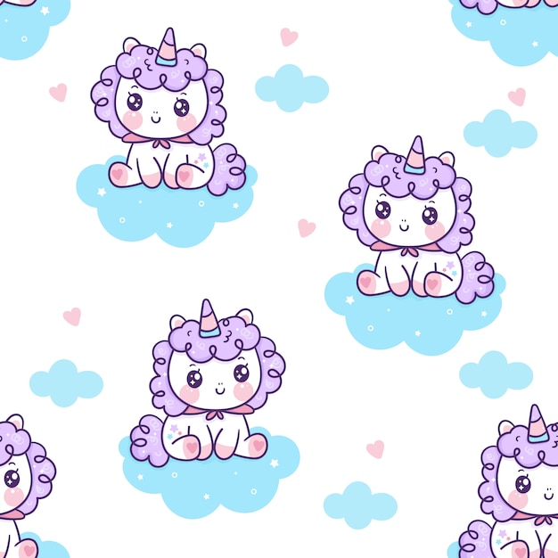 Seamless pattern unicorn fairy cartoon cute pony sit on cloud