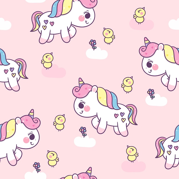 Seamless pattern unicorn pony and bird cartoon