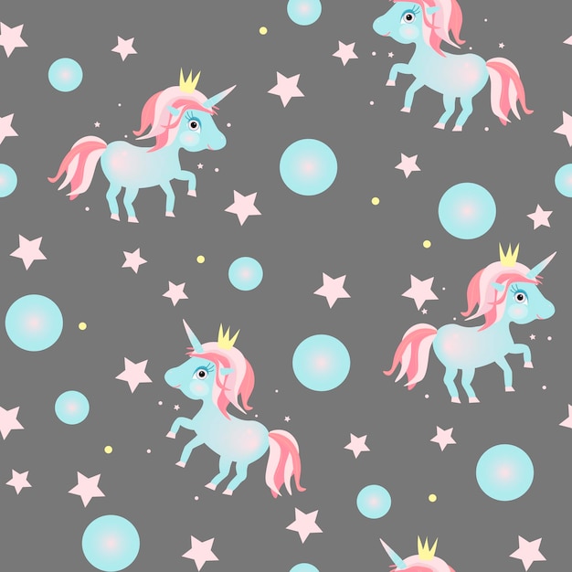 Seamless pattern of unicorn pony on gray background Kids room wallpaper