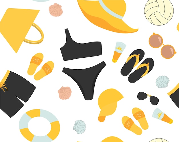 Seamless pattern vacation accessories for men and women set flat vector, beach accessories pattern,