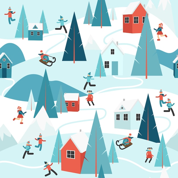 Seamless pattern vacation in the countryside. Winter outdoor landscape snow, warm cozy house, kids.