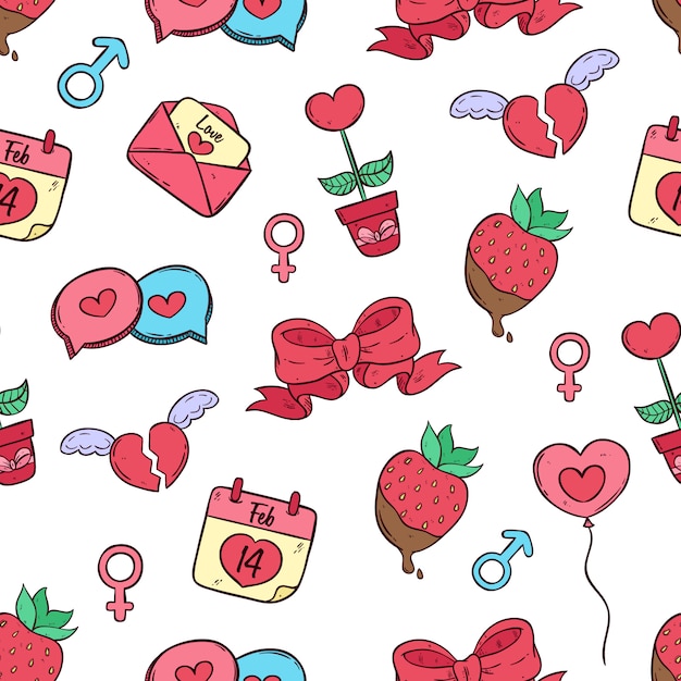 seamless pattern of valentine day icons collection with colored doodle art