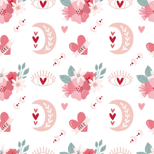 Seamless pattern Valentine's day in boho style. Bohemian romantic pattern happy Valentine day. Boho rainbow, heart and flowers. Vector