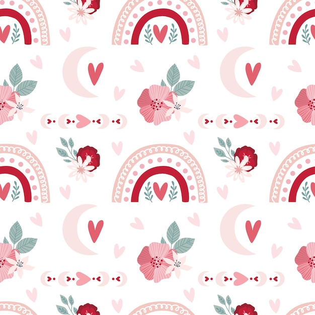 Seamless pattern Valentine's day in boho style. Bohemian romantic pattern happy Valentine day. Boho rainbow, heart and flowers. Vector