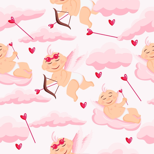 seamless pattern for Valentines Day consisting of cupid with pink bangs pink wings