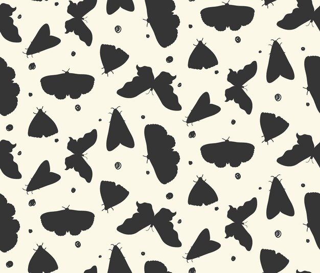 Vector seamless pattern of a variety of black moths and doodle dots scattered on milky white background minimalist gothic butterfly hand drawn surface design for paper and textile