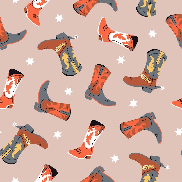 Seamless pattern of various cowboy boots with different ornaments