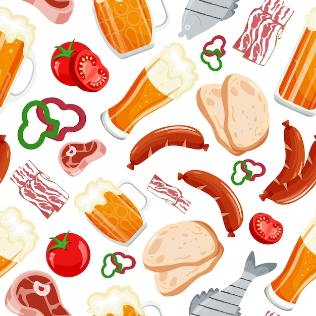 seamless pattern of various grilled food and various snacks and beer in various glasses