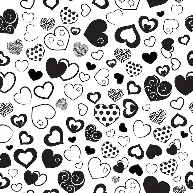 Seamless pattern of various hearts, black on white