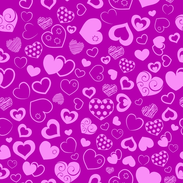 Seamless pattern of various hearts magenta on purple