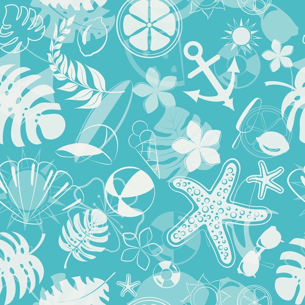 Seamless pattern of various items related to summer holidays at sea white on light blue background