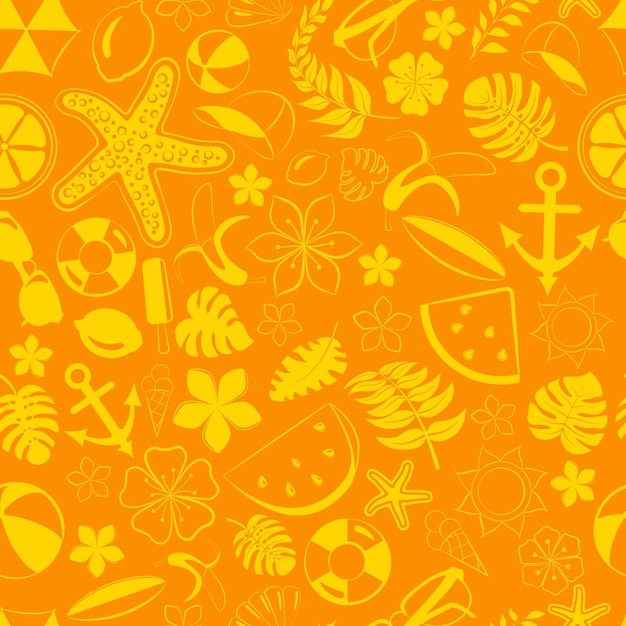 Seamless pattern of various items related to summer holidays at sea in yellow colors