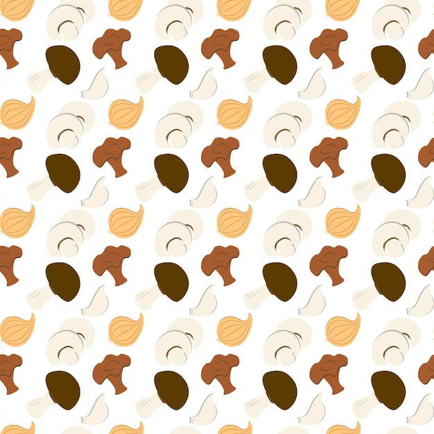 Seamless pattern of various mushrooms onion heads and garlic cloves cartoon style