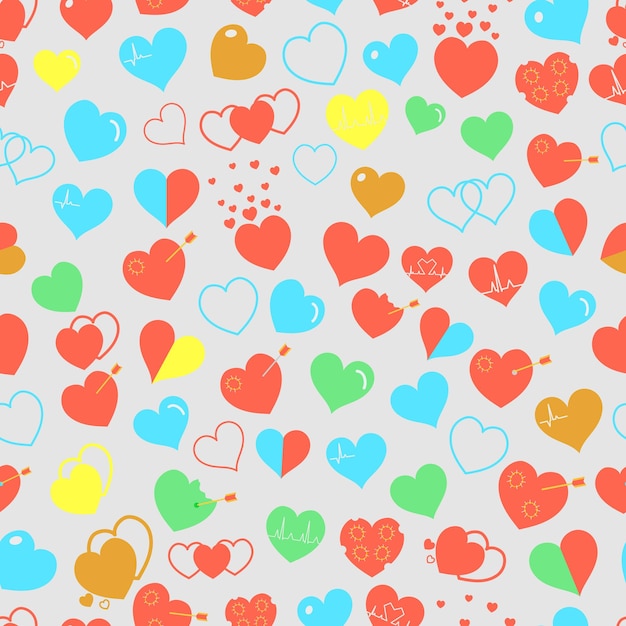 Seamless pattern of various simple multicolored hearts on gray background. Flat design