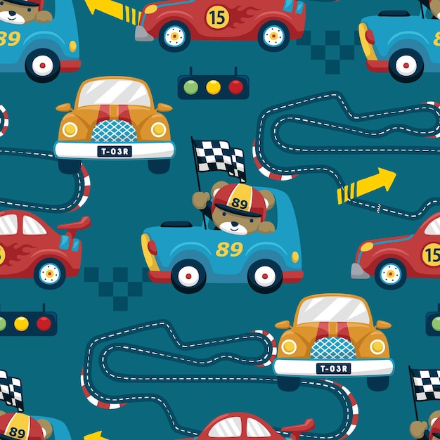 Seamless pattern vector of car racing elements cartoon with cute bear on racing car