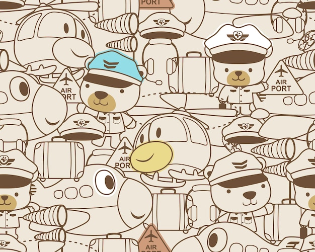 Seamless pattern vector of cartoon air vehicles elements with cute bear in pilot costume