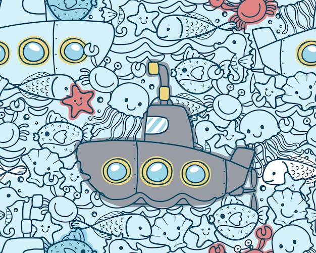 Seamless pattern vector of cartoon submarine with marine animals