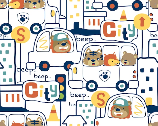 Seamless pattern vector of city traffic with funny animals cartoon