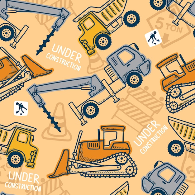 Seamless pattern vector of construction vehicles cartoon with industrial element in hand drawing concept