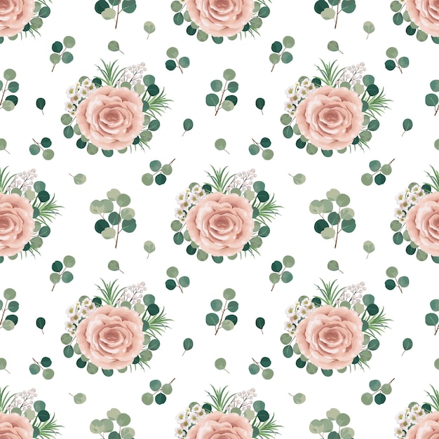 Seamless pattern vector floral watercolor design Garden powder pink flower rose and silver eucalyptus