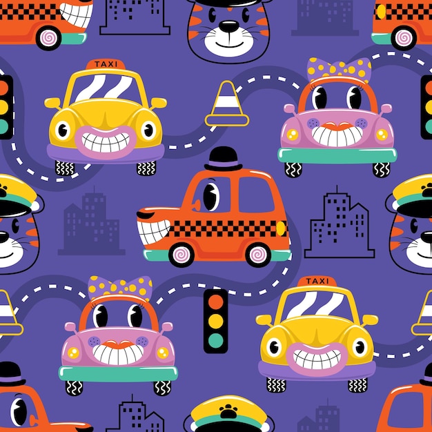 Seamless pattern vector of funny cars in trendy cartoon style