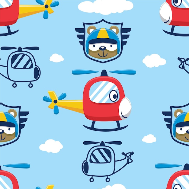 Seamless pattern vector of helicopter with bear face wearing pilot helmet