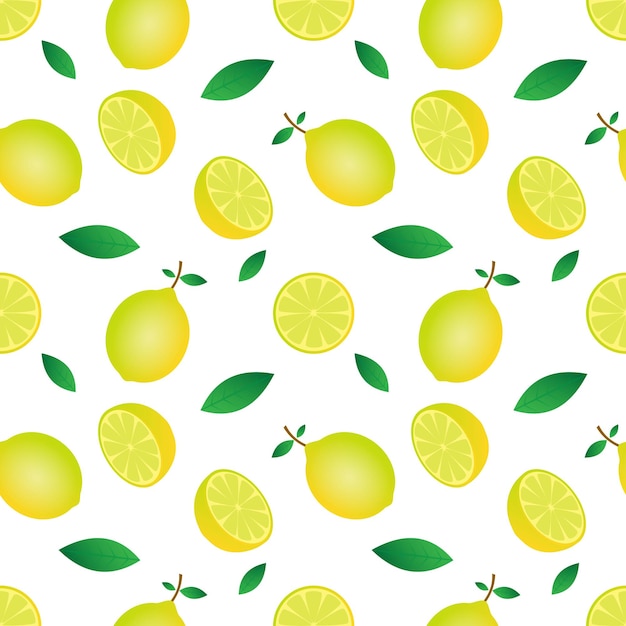 Seamless pattern vector illustration of yellow lemon fruit and green leaf design white background design for wallpaperbackdrop and print on fabric modern templates