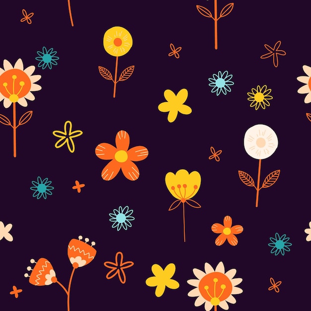 Seamless pattern of vector image different colored hand drawn flowers