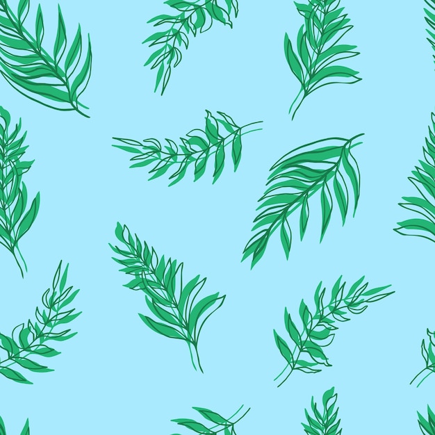 Seamless pattern vector palm leaves green leaves and contours on background For textiles packaging fabrics wallpapers backgrounds invitations Summer tropics hand illustration