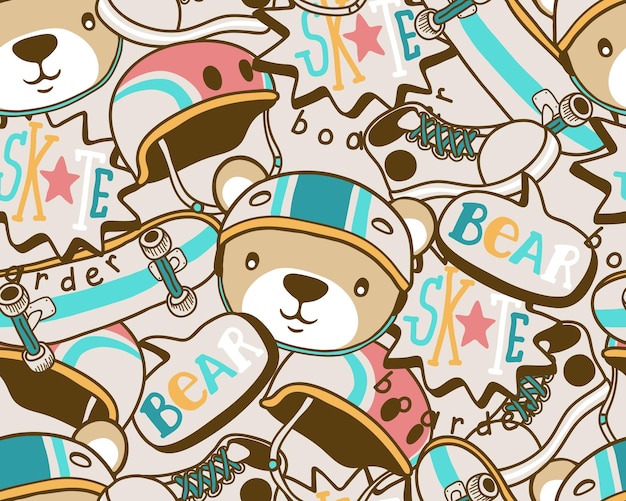 Seamless pattern vector of skateboard element cartoon with funny bear