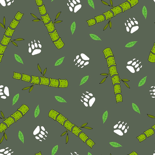 seamless pattern. vector with cartoon bamboo, leaves, animal tracks