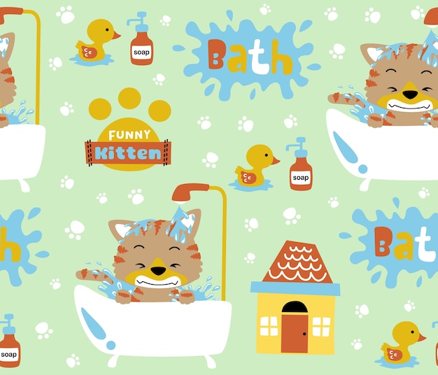 Seamless pattern vector with funny kitten bath time