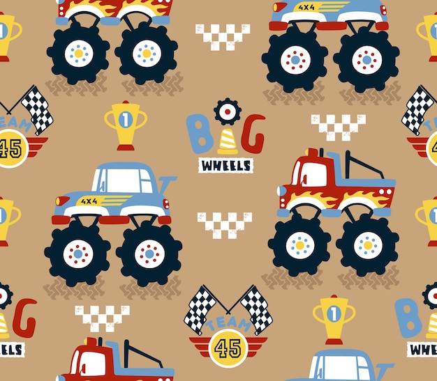 Seamless pattern vector with monster trucks racing cartoon competition 