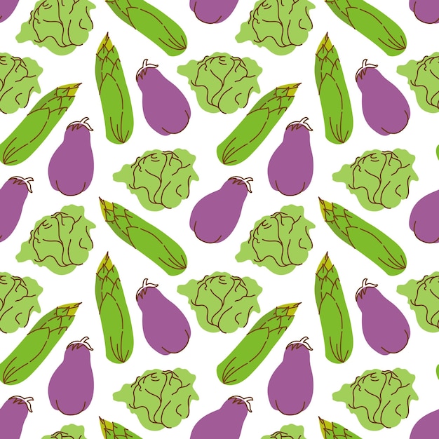 Seamless pattern vegetables with elements of eggplant corn cabbage Vector illustration