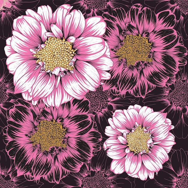 Seamless pattern vintage background with hand drawn floral zinnia flowers