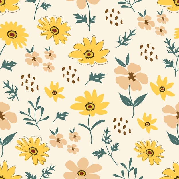 Seamless pattern of vintage floral tropical small flowers and leaves