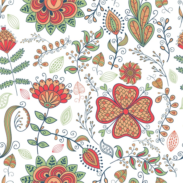 Seamless pattern in vintage style Doodle flowers birds leaves and grass retro design