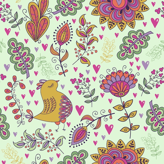 Seamless pattern in vintage style Doodle flowers birds leaves and grass retro design