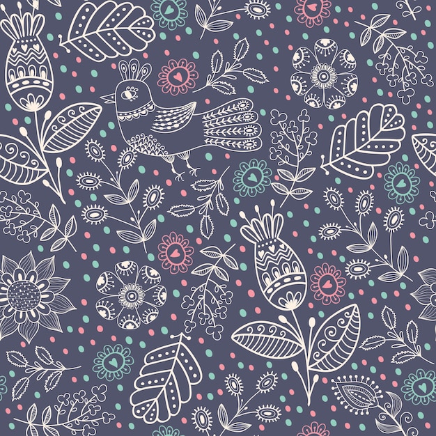 Seamless pattern in vintage style. Doodle flowers romantic design.