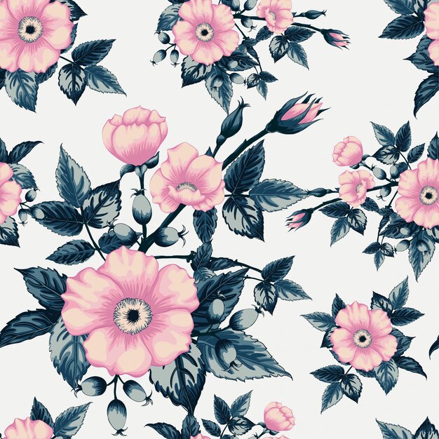 Vector seamless pattern vintage wild rose flower.