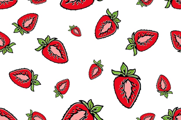 Seamless pattern wallpaper bright red strawberry on white background