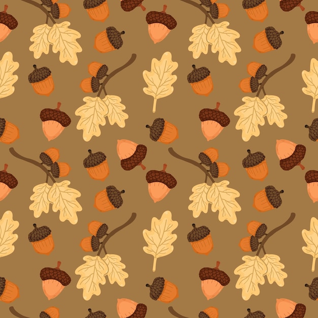 Vector seamless pattern or wallpaper with acorn branch on brown background autumn theme branch and nut