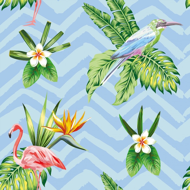 Seamless pattern wallpaper with composition of tropical bird flowers and plants blue zigzag