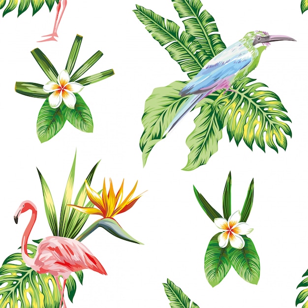 Seamless pattern wallpaper with tropical bird flowers and plants