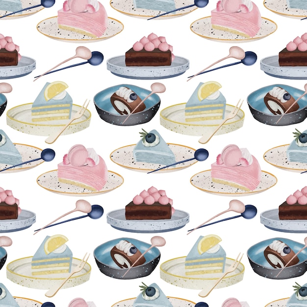 Seamless pattern of watercolor aesthetic desserts and confectionery in plates