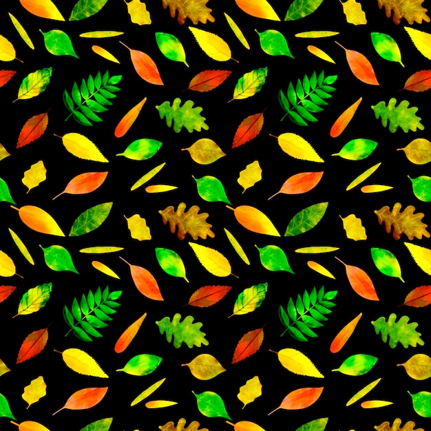 Seamless pattern watercolor colorful autumn leaves on a black